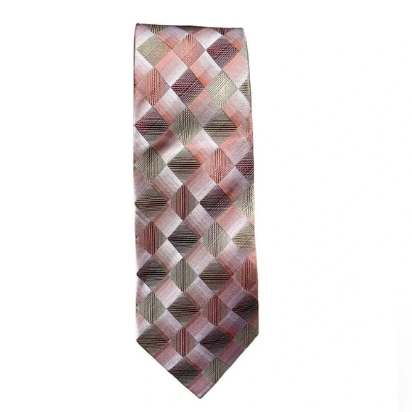 John Ashford Salmon Pink Gray Geometric Silk Neck Tie Work Office Career Meeting - Picture 1 of 4